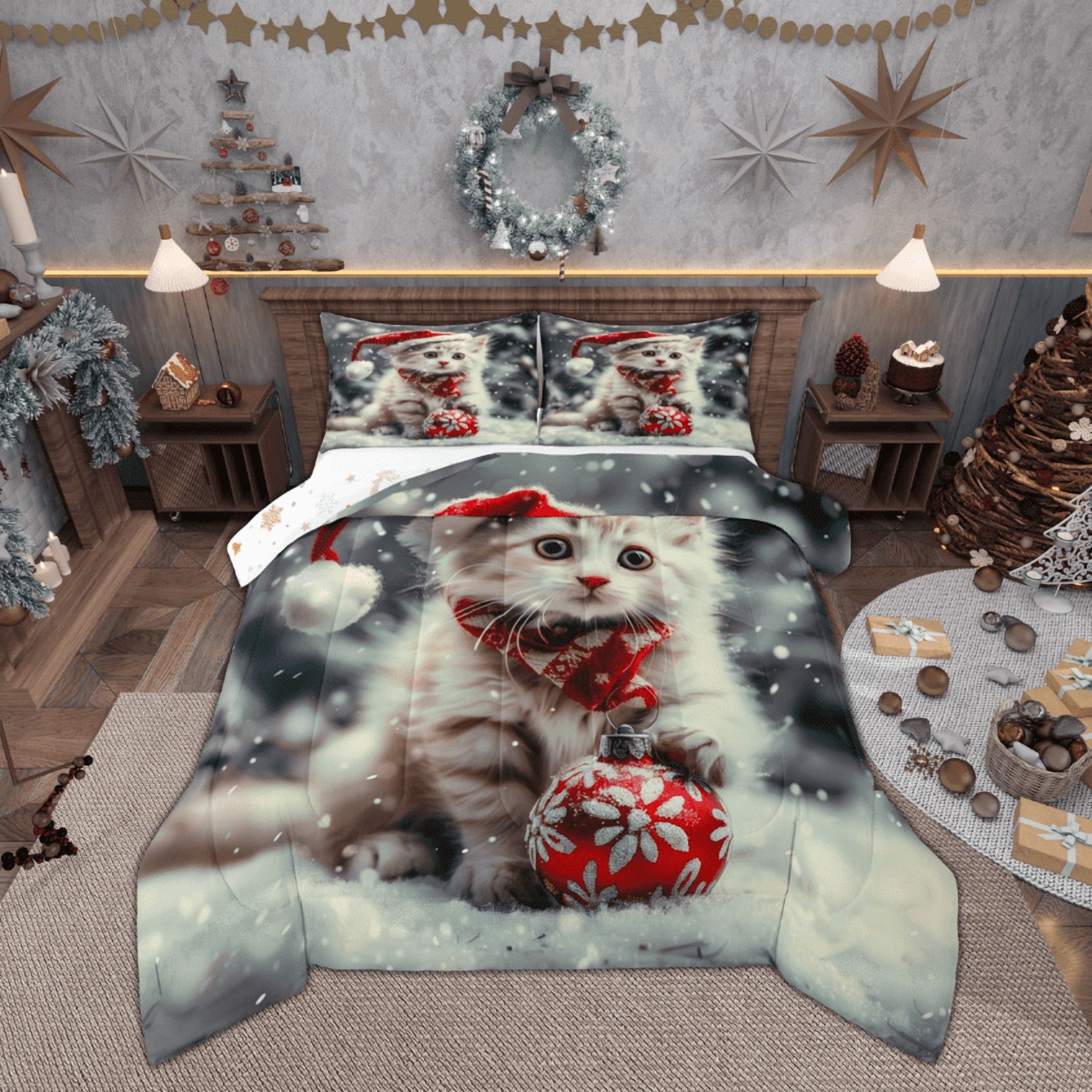 Kitten Set Manfei Christmas Cat Kitten Queen Comforter Set, Kawaii Christmas ...