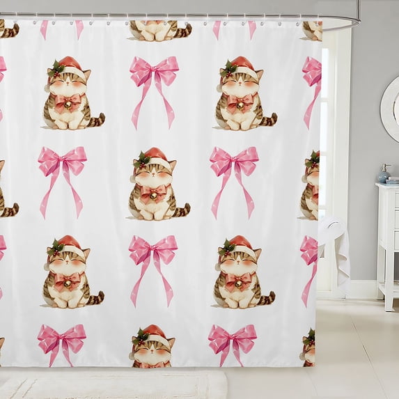 Manfei Christmas Cat Shower Curtain 72Wx84L, Bow Kitten Bathroom Shower Curtain, White Pink