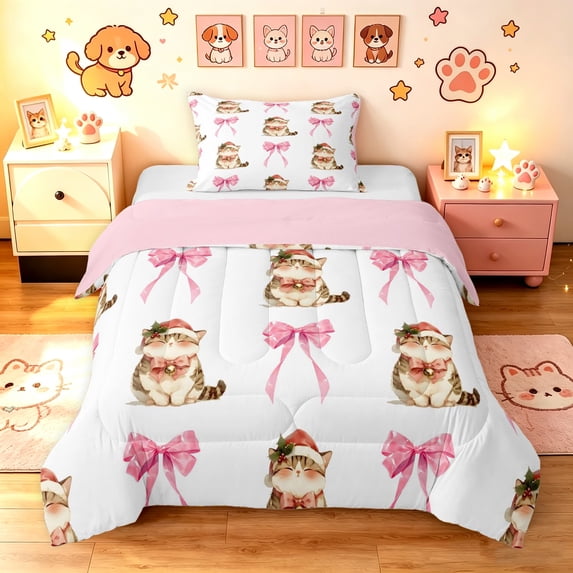 Manfei Christmas Cat Twin Comforter Sets, Bow Kitten Bedding Set, White Pink, Pink Reversible, 2 Pieces, 1 Comforter and 1 Pillowcase