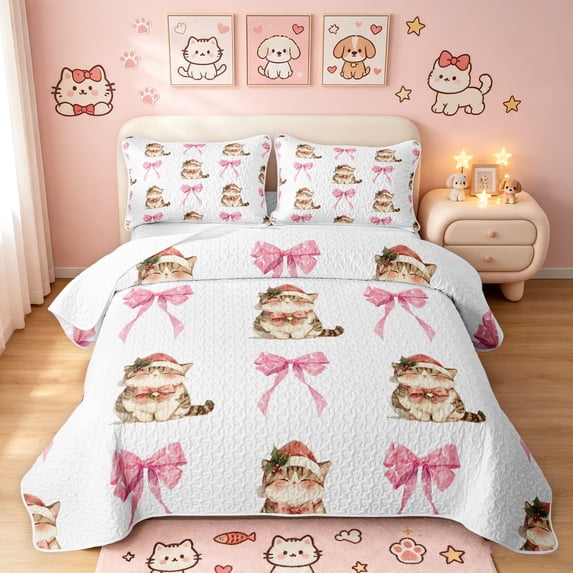 Manfei Christmas Cat Twin Quilt Set, Bow Kitten Twin Coverlet Set, White Pink, 2 Pieces, 1 Bedspread and 1 Pillowcase
