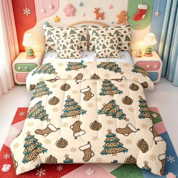 Manfei Christmas Charming Santa Claus 7-Piece King Bedding,Cartoon Bow King Bed in a Bag,Xmas Reversible