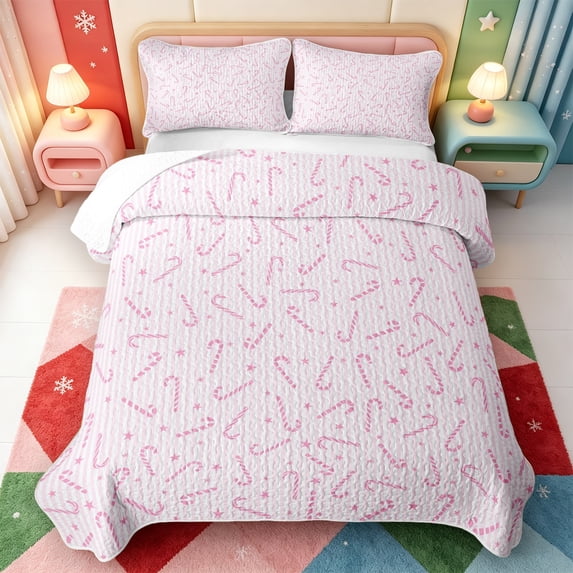 Manfei Christmas Cute Candy Cane Quilt Full,Winter Holiday Full Bedspread Sets,3pcs,1 Coverlet and 2 Pillowcases