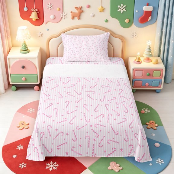 Manfei Christmas Cute Candy Cane Twin Sheets,Winter Holiday Bedding,3 Pieces,1 Flat Sheet,1 Fitted Sheet and 1 Pillowcase