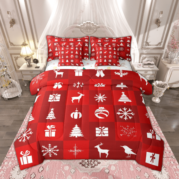 Manfei Christmas Deer Buffalo Twin Bedding Sets 7 Pieces, Merry Xmas Bedding Comforter Set, Red White New Year Gifts Sheet Sets, Lightweight Room Decor