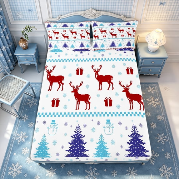 Manfei Christmas Deer Snowman Fitted Sheet Full 3 Pieces,Happy Xmas Bed Set,1 Fitted Sheet and 2 Pillowcases