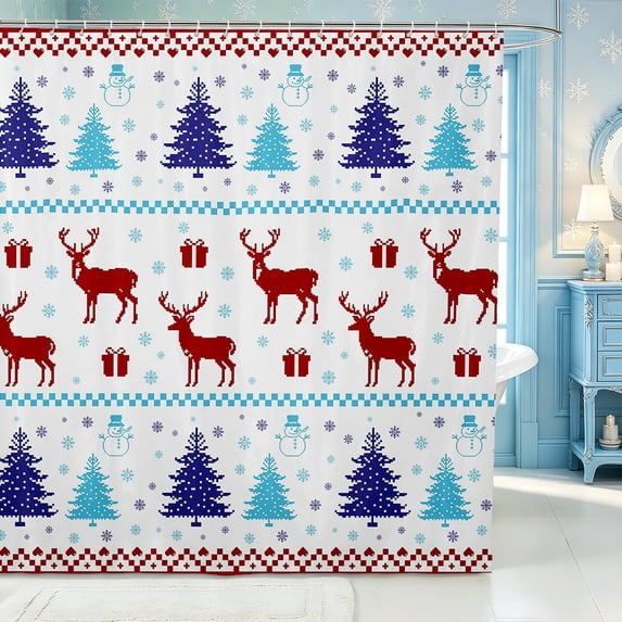 Manfei Christmas Deer Snowman Shower Curtain 72Wx72L,Happy Xmas Bathroom Curtain
