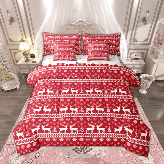 Manfei Christmas Deer Twin Bedding Sets 7 Pieces for Kids, Winter Snowflakes Bedding Comforter Set, Xmas Red White Stripe Sheet Sets, Super Cozy Room Decor