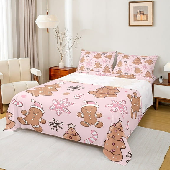 Manfei Christmas Dessert Child Twin Sheet Sets, Kawaii Snowflake Print Twin Fitted Sheet, Princess Cartoon Style Flat Sheet, Breathable Home Decor, 3pcs