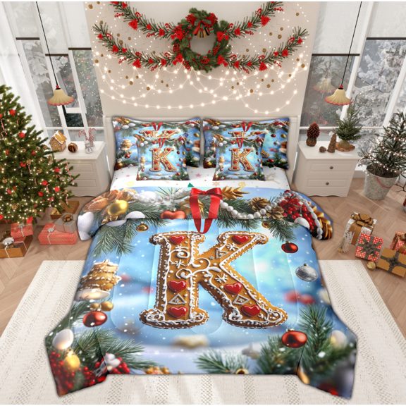 Manfei Christmas Dessert Cookie Bedding Comforter Set 7pcs, Cartoon Initial K Letter Queen Bedding Sets, Teen Kid Child Reversible Queen Sheet Sets, Lightweight Room Decor