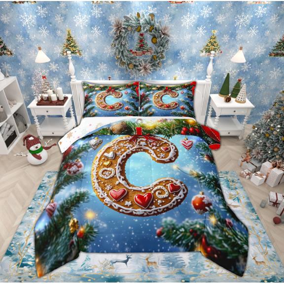 Manfei Christmas Dessert Cookie Queen Comforter Set, Cartoon Initial C Letter Bedding Sets, Teen Kid Child Reversible Bedding Comforter Set, Microfiber Bedroom Decor, 3 Pieces