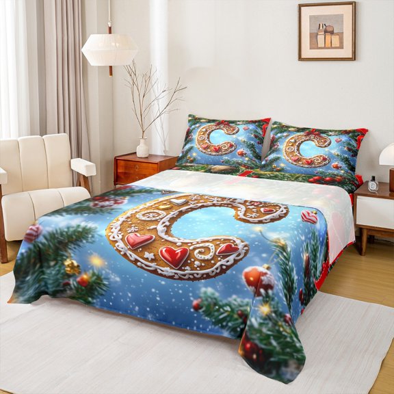Manfei Christmas Dessert Cookie Queen Sheet Sets, Cartoon Initial C Letter Flat Sheet, Teen Kid Child Queen Fitted Sheet, Microfiber Bedroom Decor, 4 Pieces