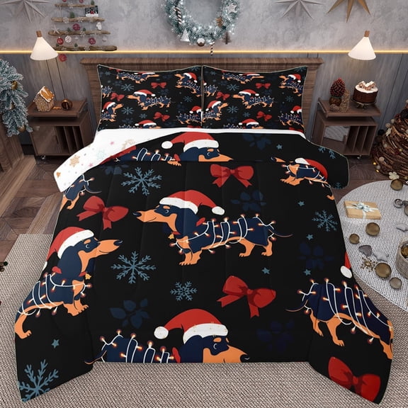Manfei Christmas Dog Lover Bedding Comforter Set, Cartoon Dachshund Animal Twin Comforter Sets, Happy New Year Reversible Bedding Set, Breathable Home Decor, 2pcs