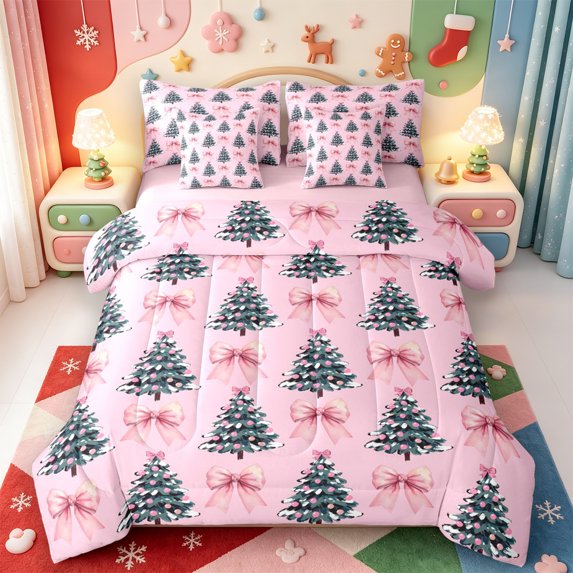 Manfei Christmas Festive Nutcracker 7pcs Queen Bedding,Bright Winter Snow Theme Bedding Comforter Set Queen,Pink Reversible