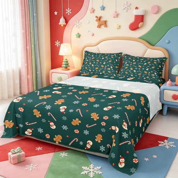 Manfei Christmas Festive Snowman King Sheets,Bright Gift Bedding,4-Piece,1 Flat Sheet,1 Fitted Sheet and 2 Pillowcases