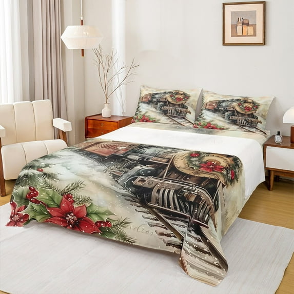 Manfei Christmas Flower Bed Sheets,Vintage Western Train King Sheets,Red Beige Brown Sheet Set For Men Women,Microfiber Bedroom Decor,4-Piece