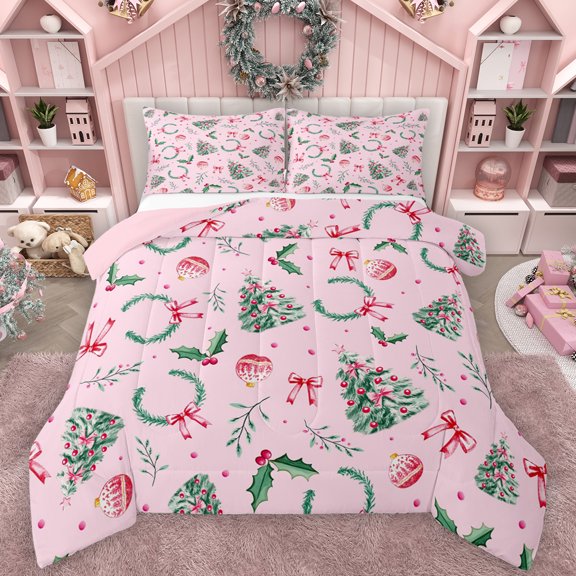 Manfei Christmas Flower Bedding Comforter Set,Kawaii Bowtie Ribbon Twin Comforter Sets,Pink Green Bedding Set For Teens,Super Cozy Room Decor Reversible,2 Pieces