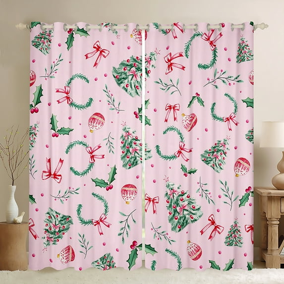 Manfei Christmas Flower Blackout Curtains Set of 2 (52x84 Each),Kawaii Bowtie Ribbon Window Curtains,Pink Green Curtains and Drapes For Teens,Super Cozy Room Decor