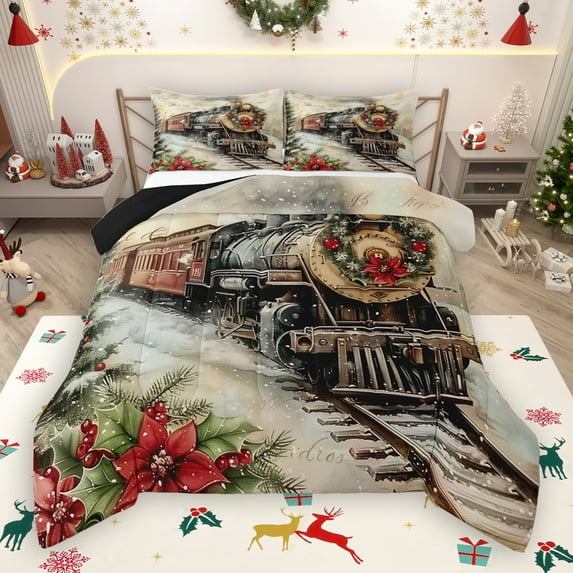 Manfei Christmas Flower Queen Comforter Set,Vintage Western Train Bedding Sets,Red Beige Brown Bedding Comforter Set For Men Women,Microfiber Bedroom Decor Reversible,3pcs