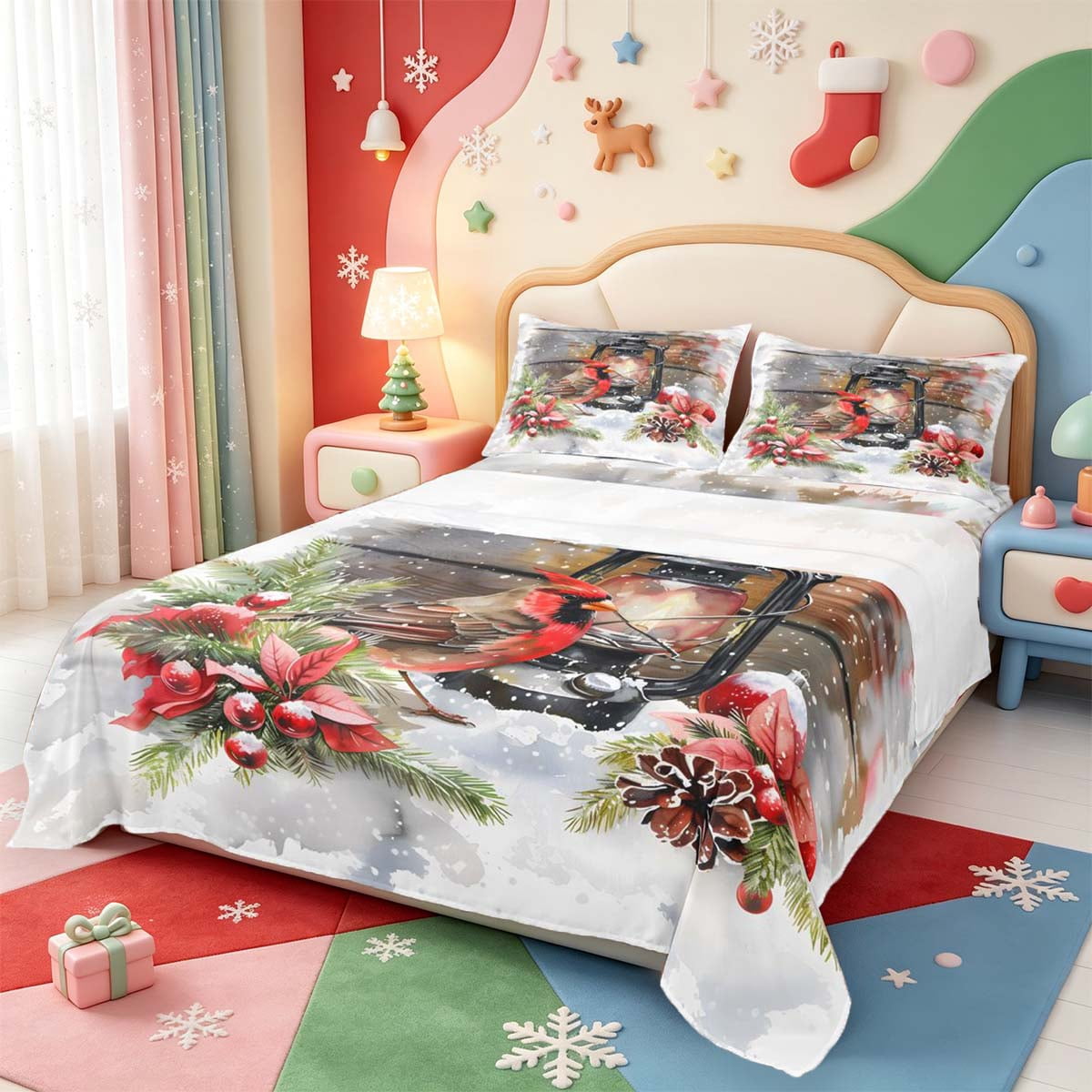Manfei Christmas Fun Lantern Bed Sheets,Royal Cardinal Full Size Sheets ...
