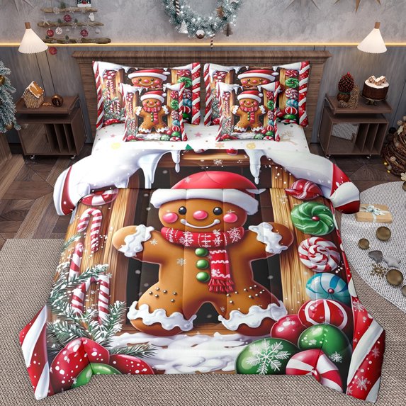 Manfei Christmas Gingerbread Man 7-Piece Twin Bedding Sets,Candy Cane Bedding Comforter Set,Colorful Xmas Ball Sheet Sets For Teens,Super Cozy Room Decor Reversible