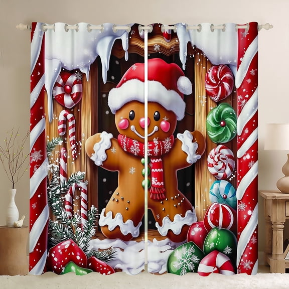 Manfei Christmas Gingerbread Man Black Out Curtains,Candy Cane Curtains Pack of 2 (42x63 Each),Colorful Xmas Ball Bedroom Curtains For Teens,Super Cozy Room Decor