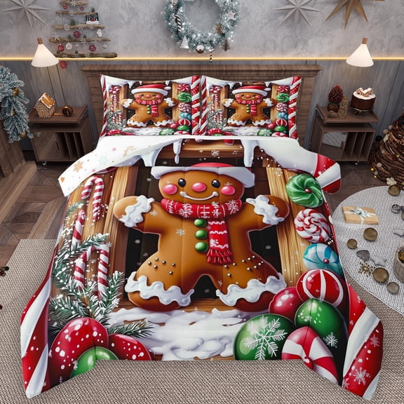 Manfei Christmas Gingerbread Man Queen Comforter Set,Candy Cane Bedding Sets,Colorful Xmas Ball Bedding Comforter Set For Teens,Super Cozy Room Decor Reversible,3pcs