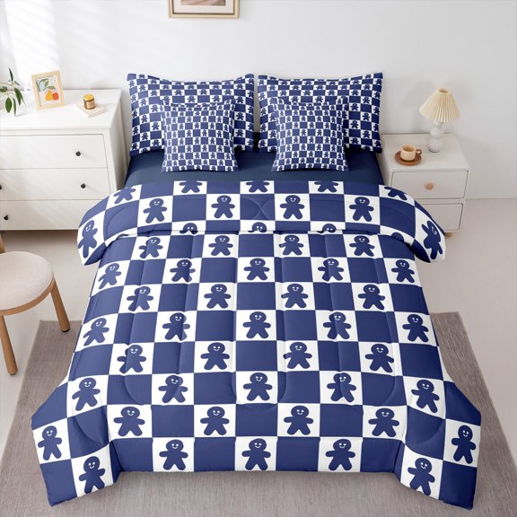 Manfei Christmas Gingerbread Man Twin Bedding Sets 7-Piece,Geometric Plaid Bedding Comforter Set,Blue Checkerboard Grid Sheet Sets For Teens,Ultra Soft Home Decor Reversible