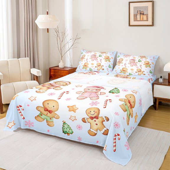 Manfei Christmas Gingerbread Man Twin Sheet Sets, Xmas Tree Snowflake Candy Twin Fitted Sheet, Blue Christmas Cartoon Flat Sheet, Luxury Bedroom Decor, 3-Piece