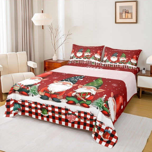 Manfei Christmas Gnome Bed Sheets 4 Pieces for Children, Merry Xmas King Sheets, Geometric Grid Buffalo Sheet Set, Lightweight Room Decor