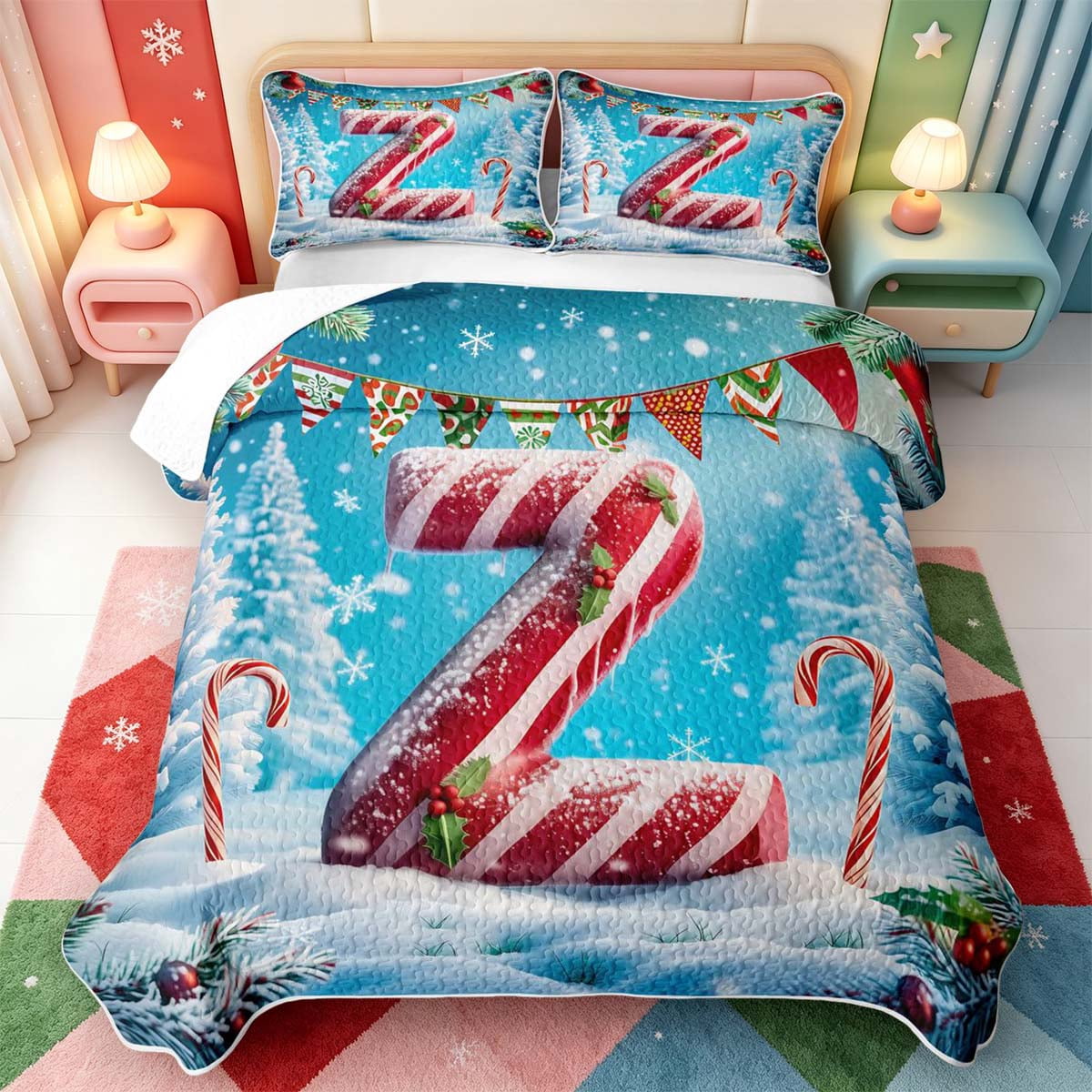 Manfei Christmas Gorgeous Candy Cane Quilt Full,Initial Z ABC Themed ...