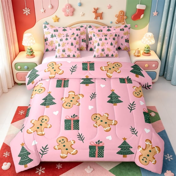 Manfei Christmas Happy Holiday 7 Pieces Full Size Bedding Sets,Rustic Animals Full Size Bed in a Bag,Pink Reversible