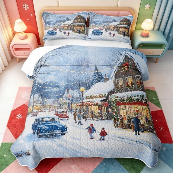 Manfei Christmas Happy Holiday Bed Spread Queen,Snowy Winter Snow Queen Coverlet Set,3-Piece,1 Quilt and 2 Pillowcases