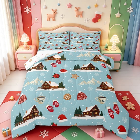 Manfei Christmas Happy Holiday Full Size Comforter Sets,Cartoon Snowman Bedding Comforter Set,Xmas Reversible,3-Piece,1 Comforter and 2 Pillowcases