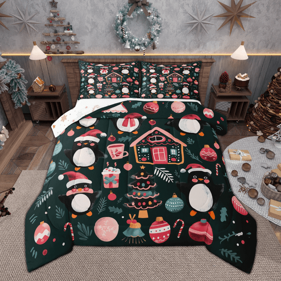 Manfei Christmas Hat Bedding Comforter Set for Kids, Merry Xmas Gifts Twin Comforter Sets, Dark Green Pink Bedding Set, Microfiber Bedroom Decor, Reversible 2pcs