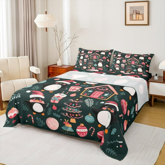 Manfei Christmas Hat Full Size Sheets 4pcs for Kids, Merry Xmas Gifts Bed Sheets, Dark Green Pink Sheet Sets, Microfiber Bedroom Decor