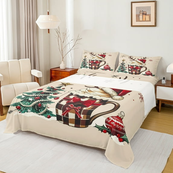 Manfei Christmas Hot Coffee Full Size Sheets for Child, Cartoon Xmas Tree Bed Sheets, Santa Claus Hat Sheet Sets, Microfiber Bedroom Decor, 4-Piece