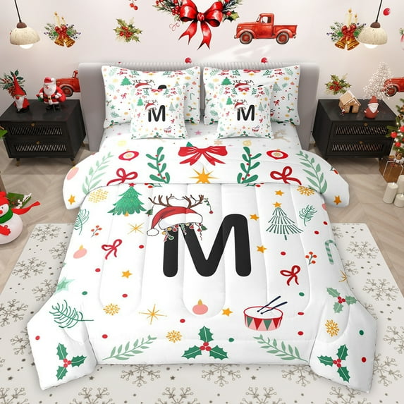 Homewish Christmas Initial M Letter Bedding Comforter Set 7pcs for Teens, Cartoon Santa Claus Hat King Bedding Sets, Xmas Tree Reversible Bed Sheets, Ultra Soft Bedroom Decor