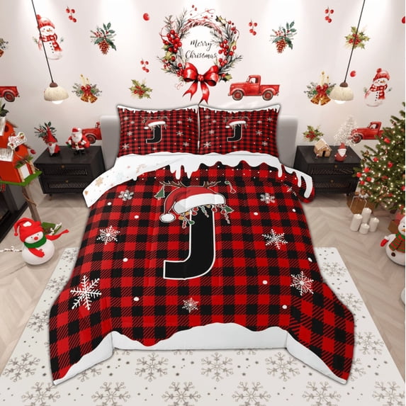 Homewish Christmas Monogrammed J Queen Comforter Set for Kids, Winter Snowflake Bedding Sets, Black Red Buffalo Plaid Reversible Bedding Comforter Set, Super Cozy Room Decor, 3pcs