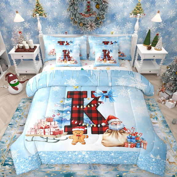 Manfei Christmas Monogrammed K 7pcs Bedding Comforter Set for Kids, Blue Xmas Tree Reindeer Queen Bedding Sets, Funny Santa Claus Reversible Queen Sheet Sets, Microfiber Bedroom Decor