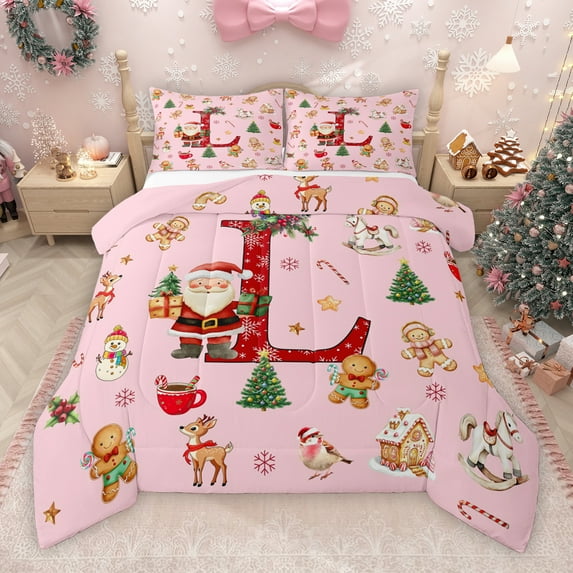 Manfei Christmas Monogrammed L Bedding Comforter Set for Kids, Xmas Tree Reindeer Twin Comforter Sets, Funny Santa Claus Reversible Bedding Set, Breathable Home Decor, 2-Piece