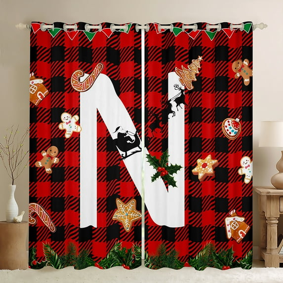 Manfei Christmas Monogrammed N Curtains Pack of 2 (42x84 Each), Cartoon Gingerbread Man Curtains Blackout, Teens Kids Child Bedroom Curtains, Window Curtains Room Decor