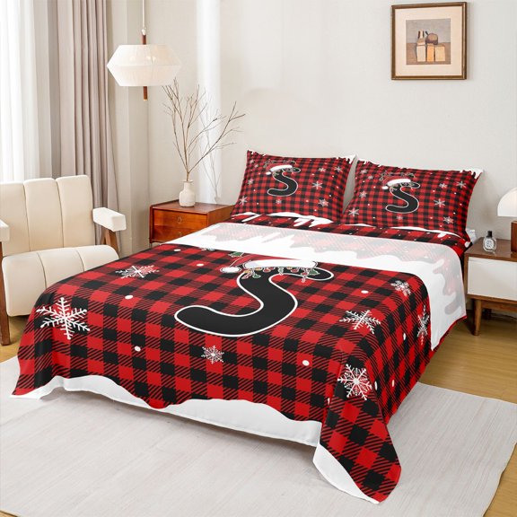 Homewish Christmas Monogrammed S Queen Sheet Set, Black Red Buffalo Plaid Bedding, 4-Piece