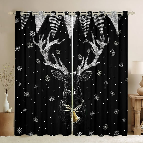 Manfei Christmas Moose Black Out Curtains, Merry Xmas Snowflake Curtains Pack of 2 (42x63 Each), Black White Bedroom Curtains, Luxury Bedroom Decor