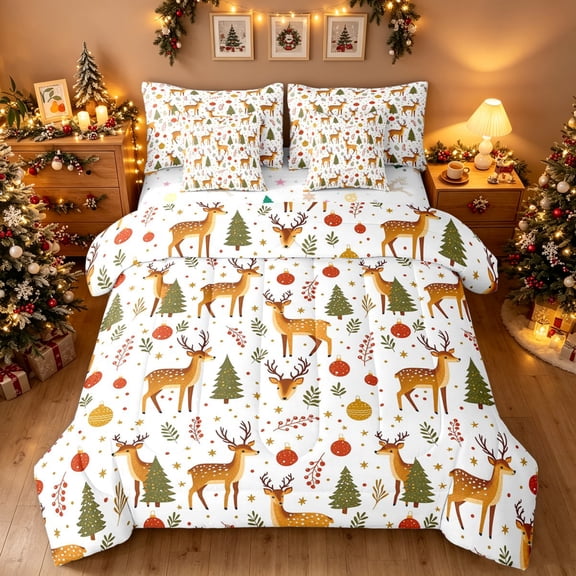 Manfei Christmas Moose Full Size Bedding Sets, Happy Winter Holiday Full Size Bed in a Bag, White Tan, Christmas Reversible, 7pcs
