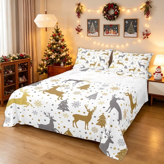 Manfei Christmas Moose Queen Sheets, Winter Holiday Tree Print Queen Sheet Sets, White Gold, 4pcs, 1 Flat Sheet, 1 Fitted Sheet and 2 Pillowcases