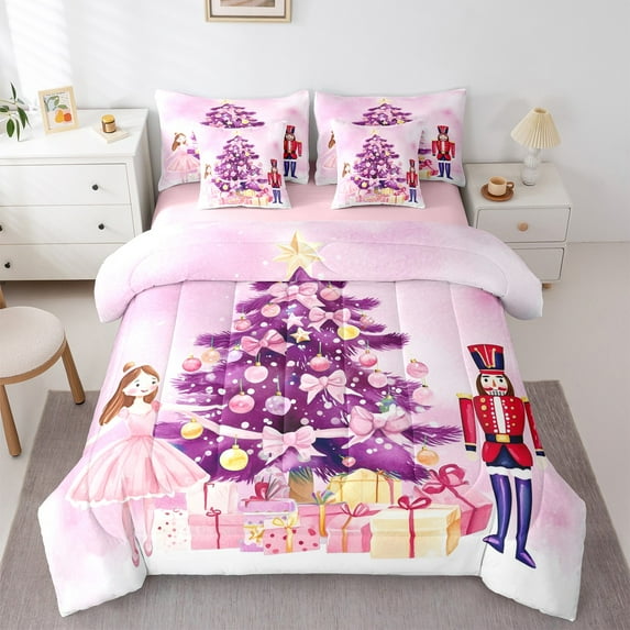 Manfei Christmas Nutcracker Bedding Comforter Set 7-Piece for Kid, Dreamy Princess Fairy King Bedding Sets, Xmas Tree Gift Reversible Bed Sheets, Lightweight Room Decor