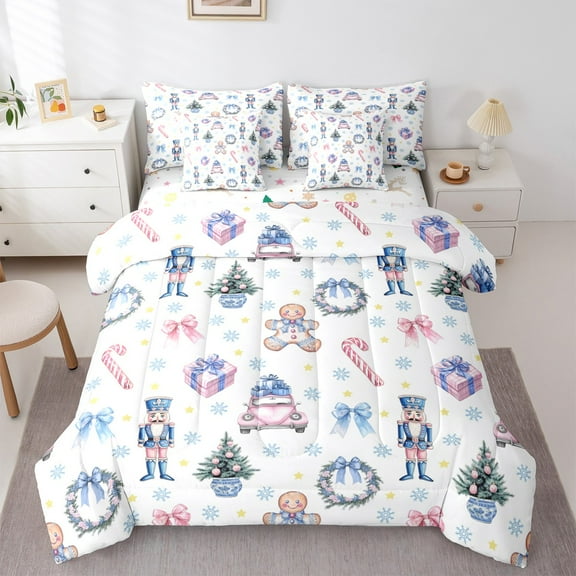Manfei Christmas Nutcracker Bedding Comforter Set 7-Piece, Western Fairy Tale King Bedding Sets, Winter Festival Holiday Reversible Bed Sheets, Breathable Home Decor