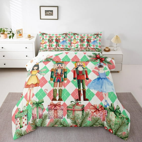 Manfei Christmas Nutcracker Full Size Comforter Sets for Kid, Dreamy Princess Castle Bedding Comforter Set, Vintage Buffalo Reversible Bedding Sets, Lightweight Room Decor, 3-Piece