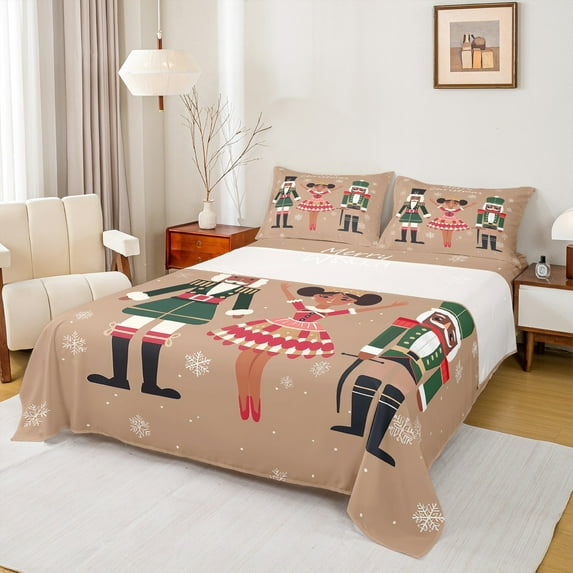 Manfei Christmas Nutcracker Full Size Sheets 4pcs for Kids, Merry Xmas Themed Bed Sheets, Winter Snowflake Sheet Sets, Luxury Bedroom Decor