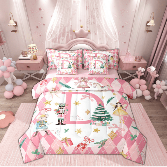 Manfei Christmas Nutcracker Kids Twin Bedding Sets 7-Piece, Initial Letter D Bedding Comforter Set, Fairy Tale Princess Reversible Sheet Sets, Lightweight Room Decor